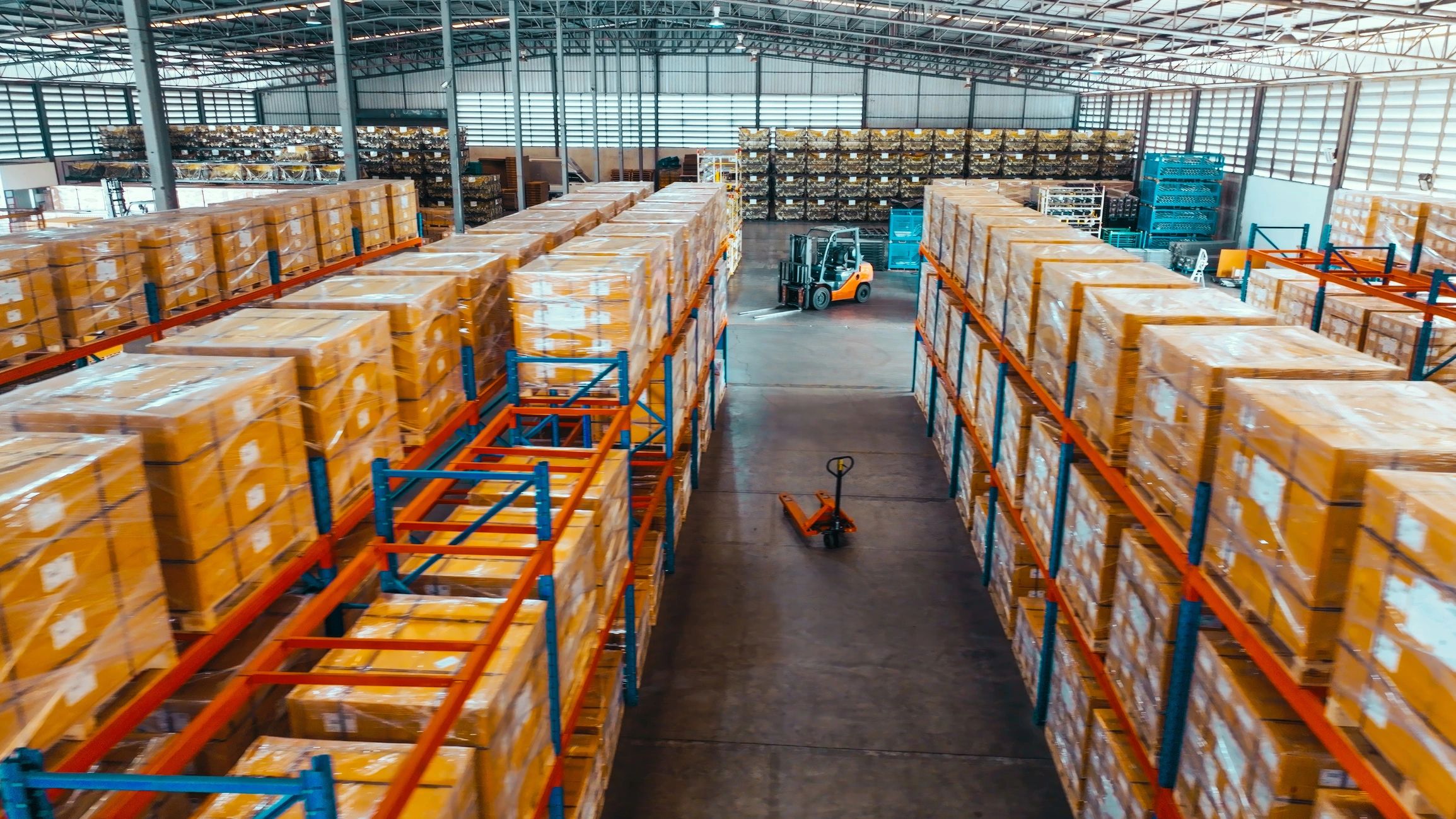 Warehouse shelving with packaged cartons and inventory for distribution